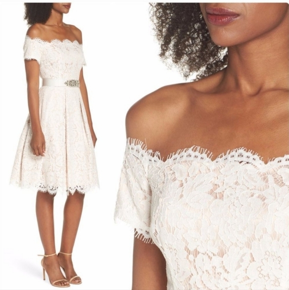 NWT Eliza J off shoulder lace fit and flare white dress size 2 - Picture 2 of 11